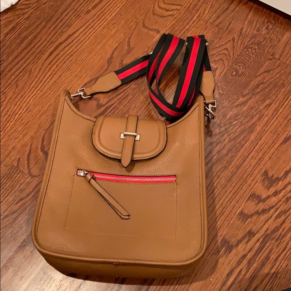 Brown crossbody messenger bag with blk&red trim